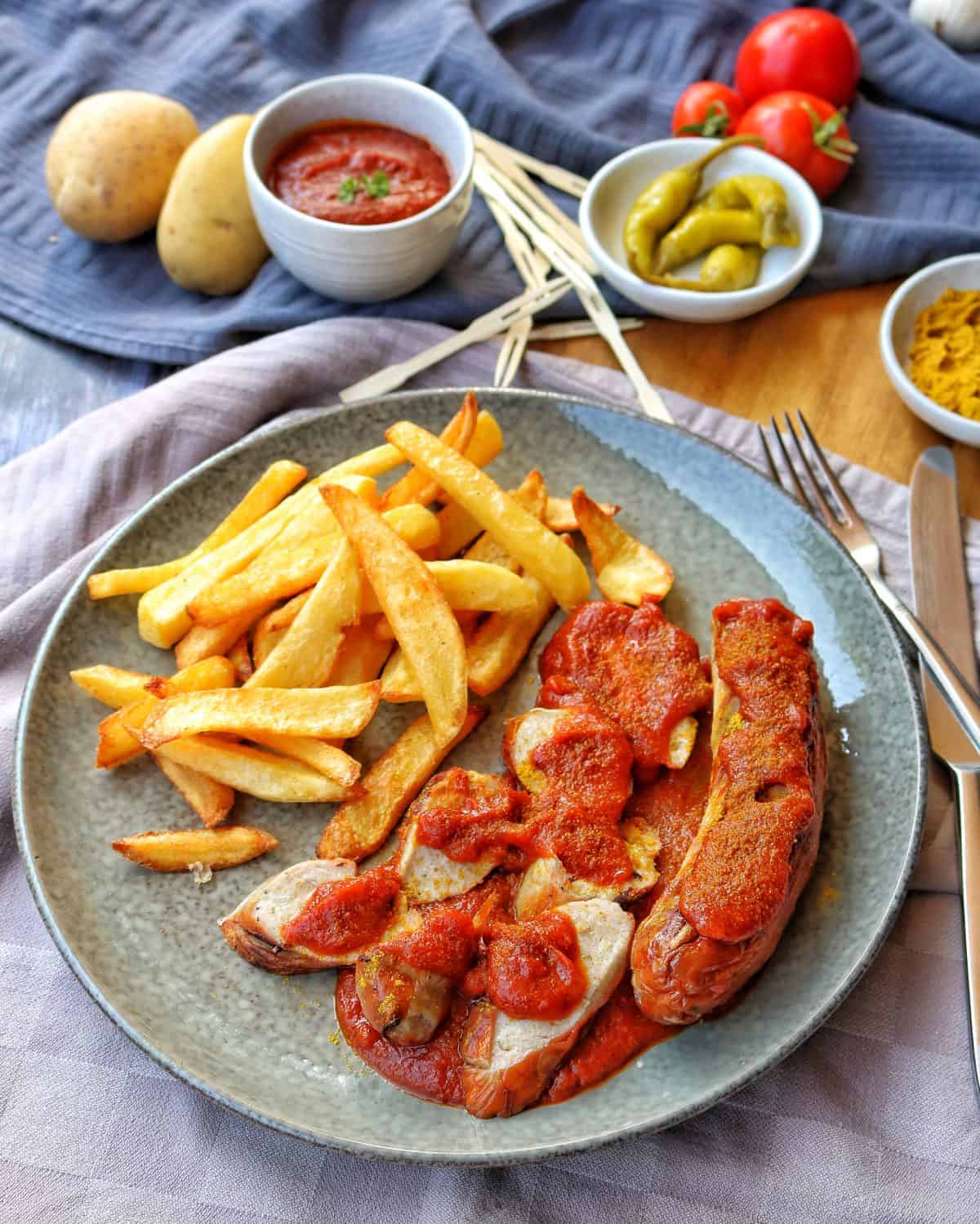 Ein Teller mit Currywurst und Pommes. Darüber Deko.