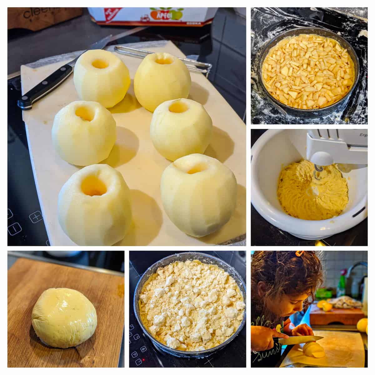 Collage der Zubereitungsschritte des Apfelkuchens.