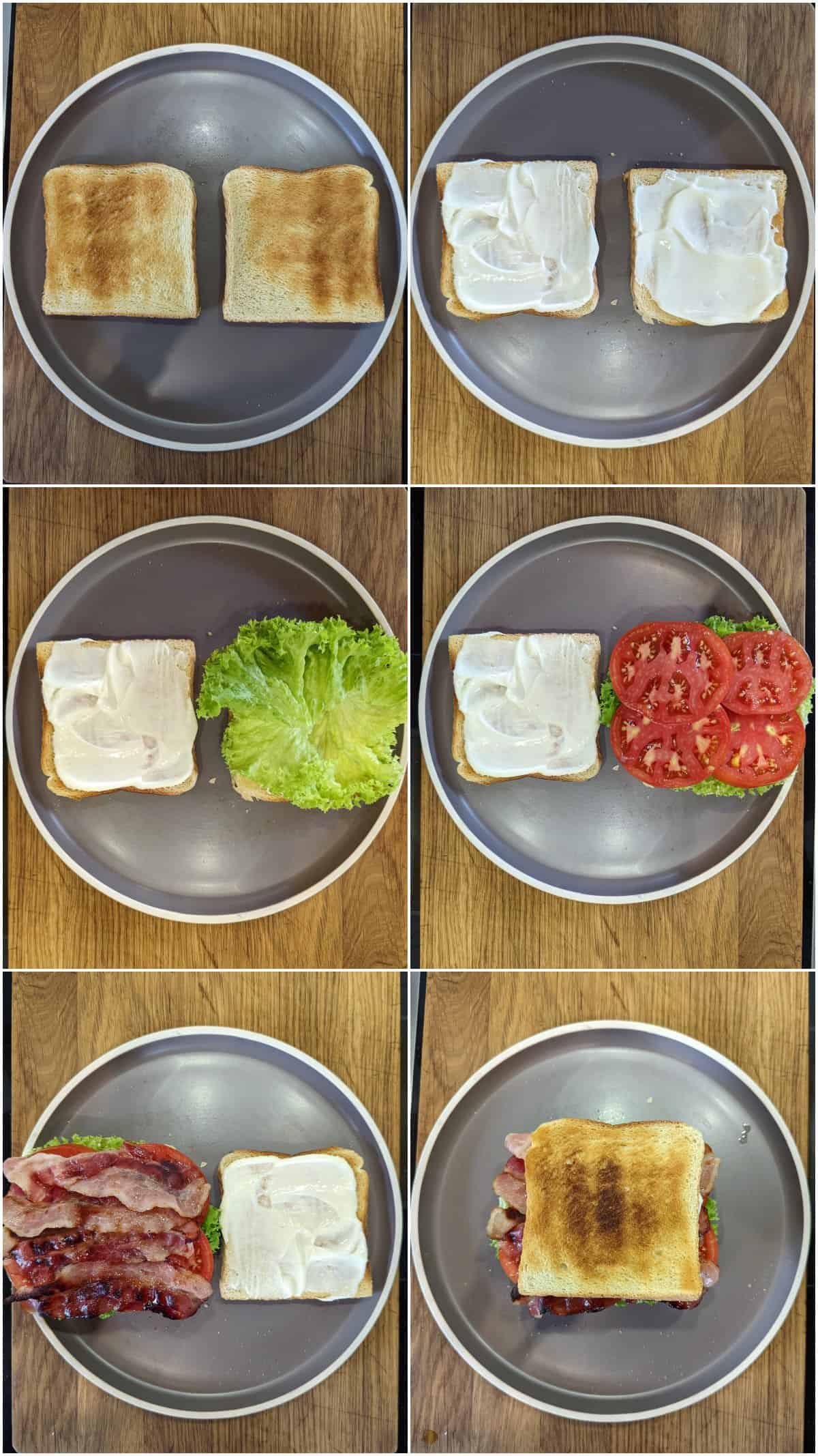 Eine Collage der Zubereitungsschritte für ein BLT-Sandwich.