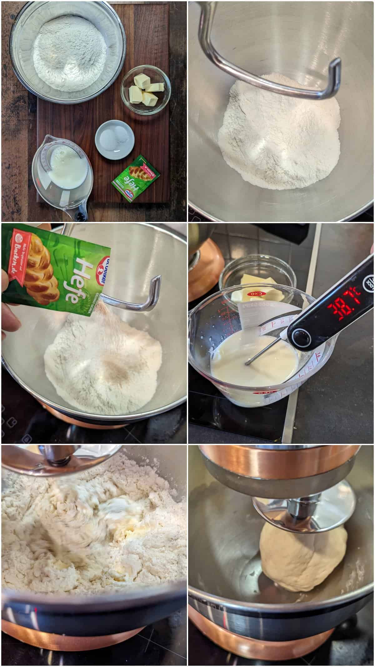 Eine Collage der Zubereitungsschritte für den Hefeteig für Zwiebelkuchen.
