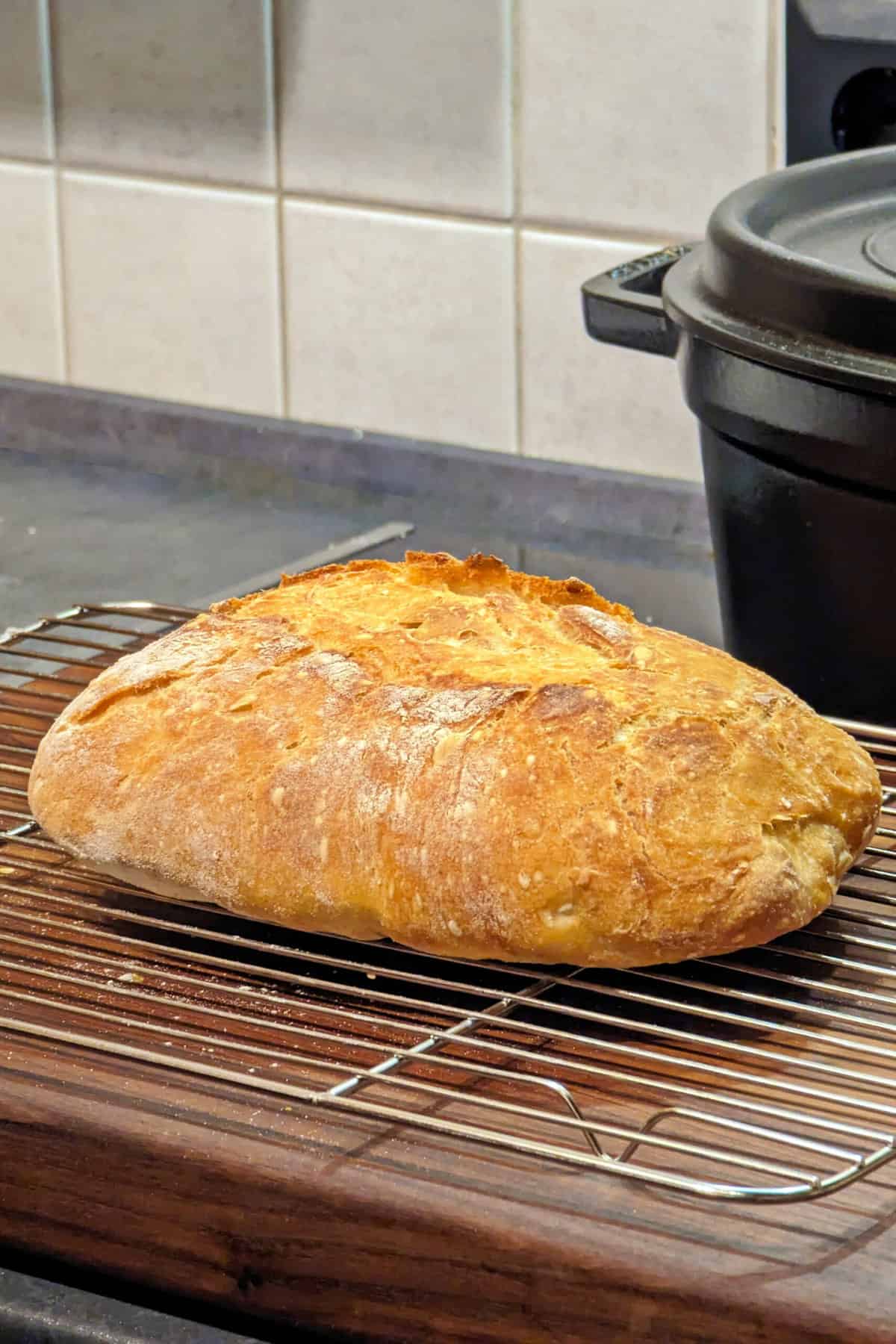 Ein selbstgebackenes Brot auf einem Küchengitter.