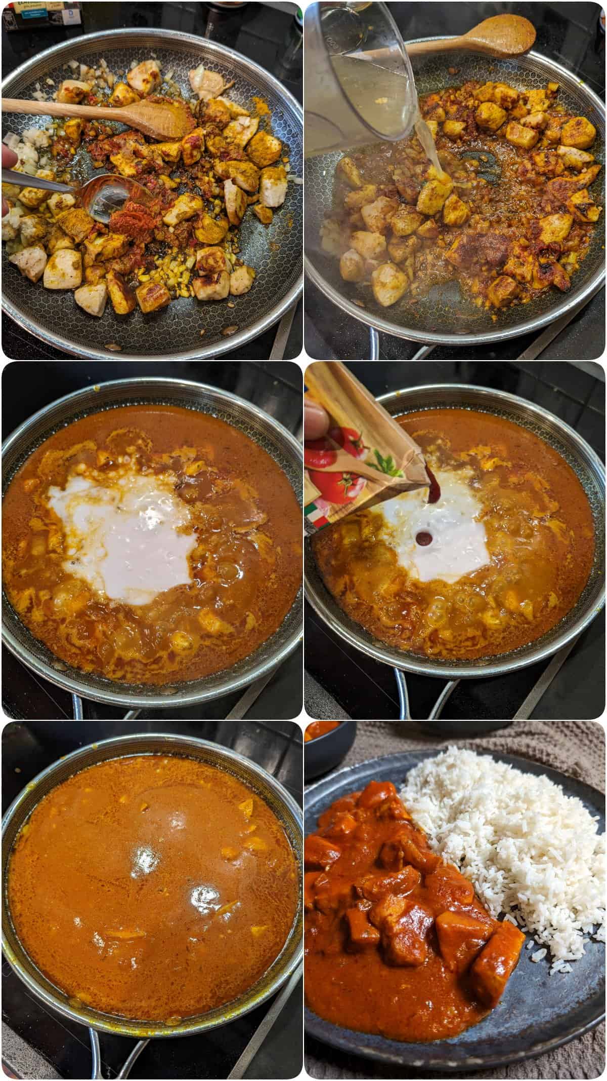Eine Collage der Zubereitungsschritte für Hähnchen-Curry.