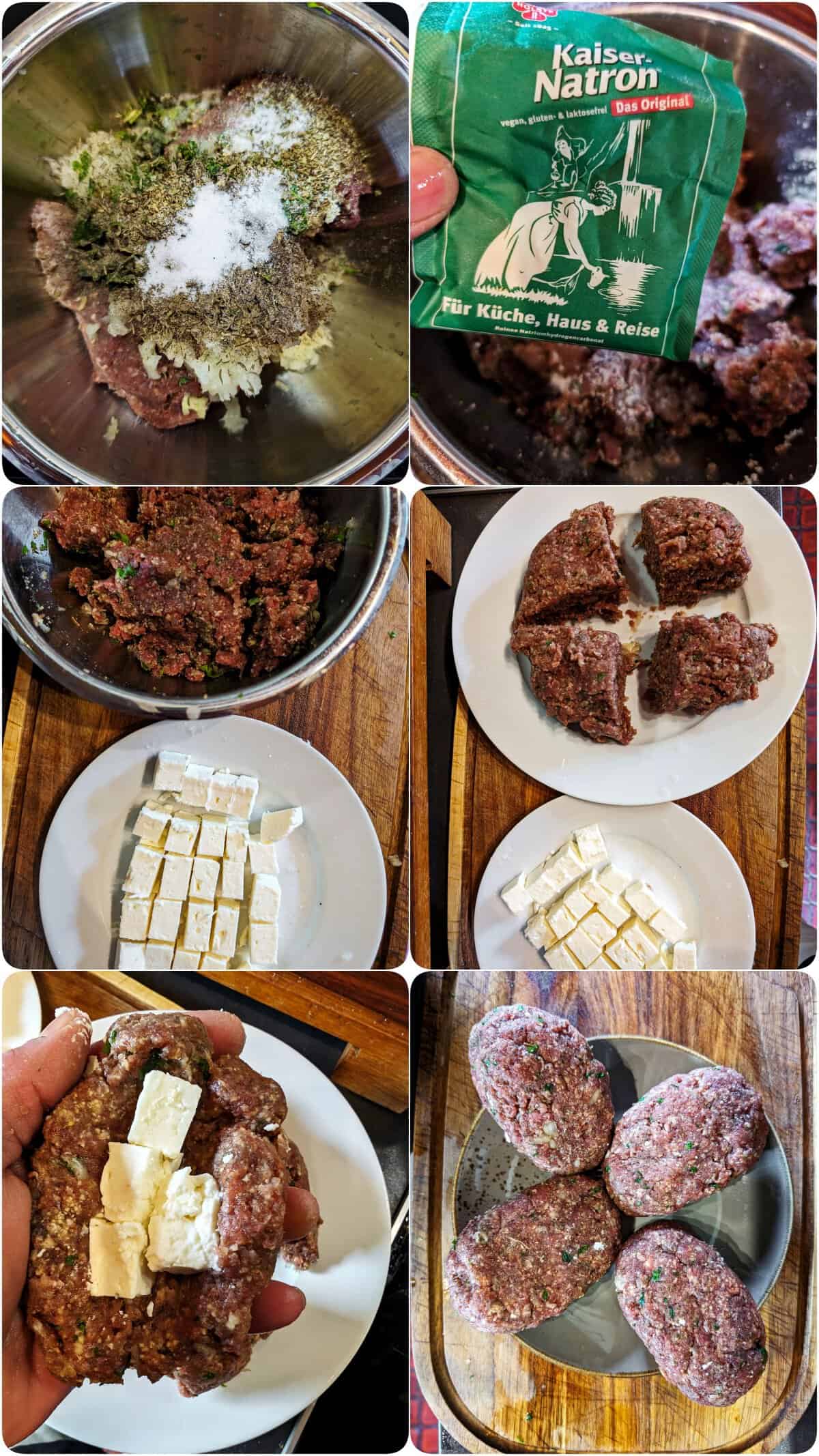 Eine Collage der Zubereitungsschritte für Bifteki.