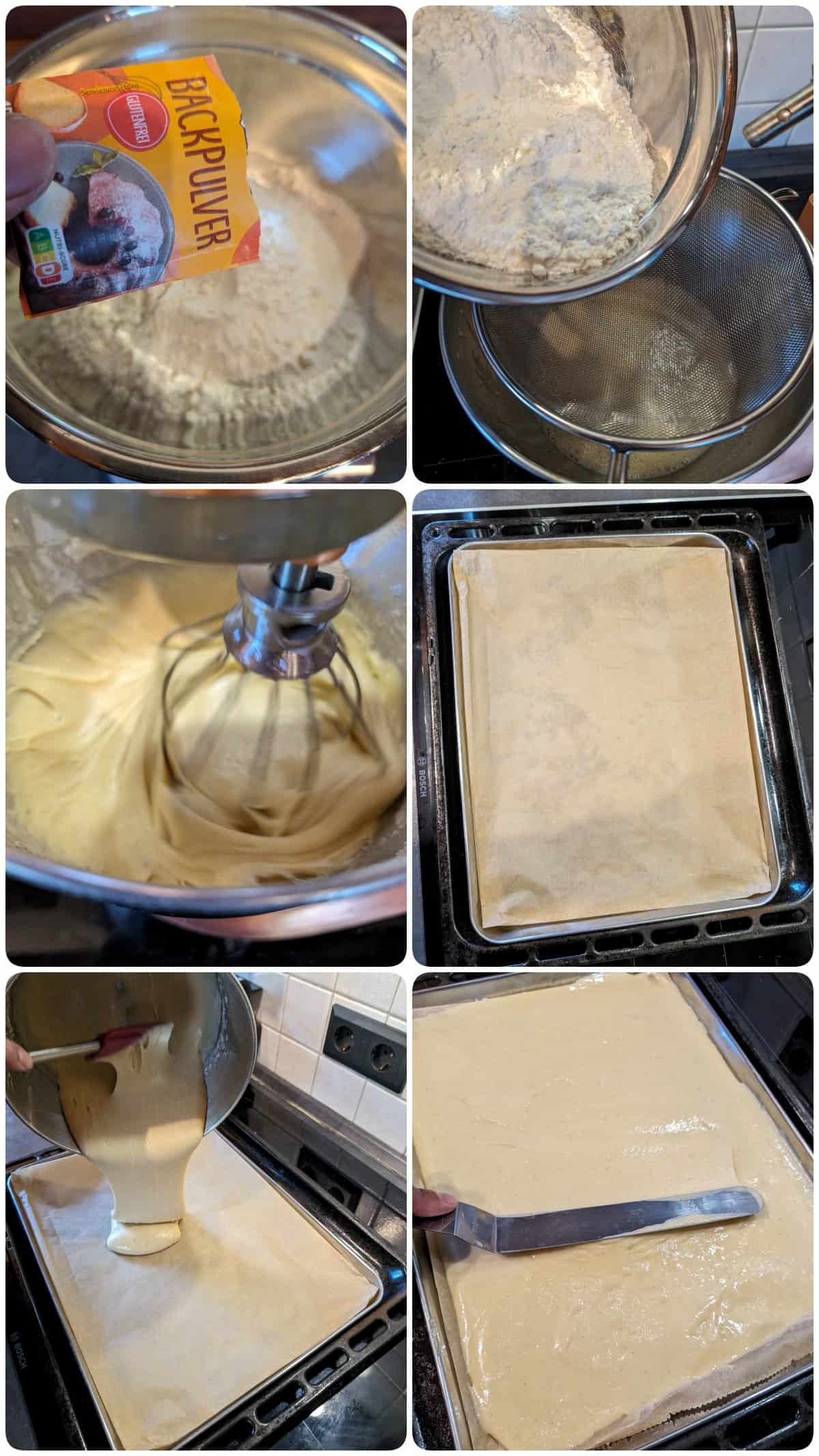 Eine Collage der Zubereitungsschritte für Blitzkuchen mit Sauerkirschen.