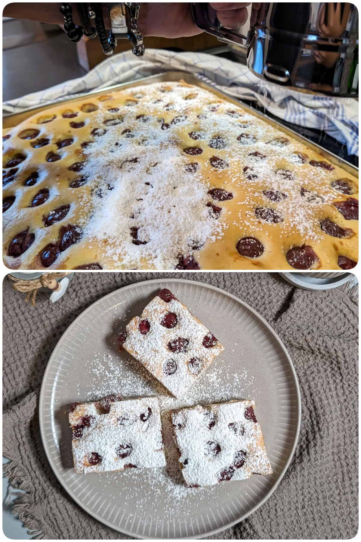 Eine Collage der Zubereitungsschritte für Blitzkuchen mit Sauerkirschen.