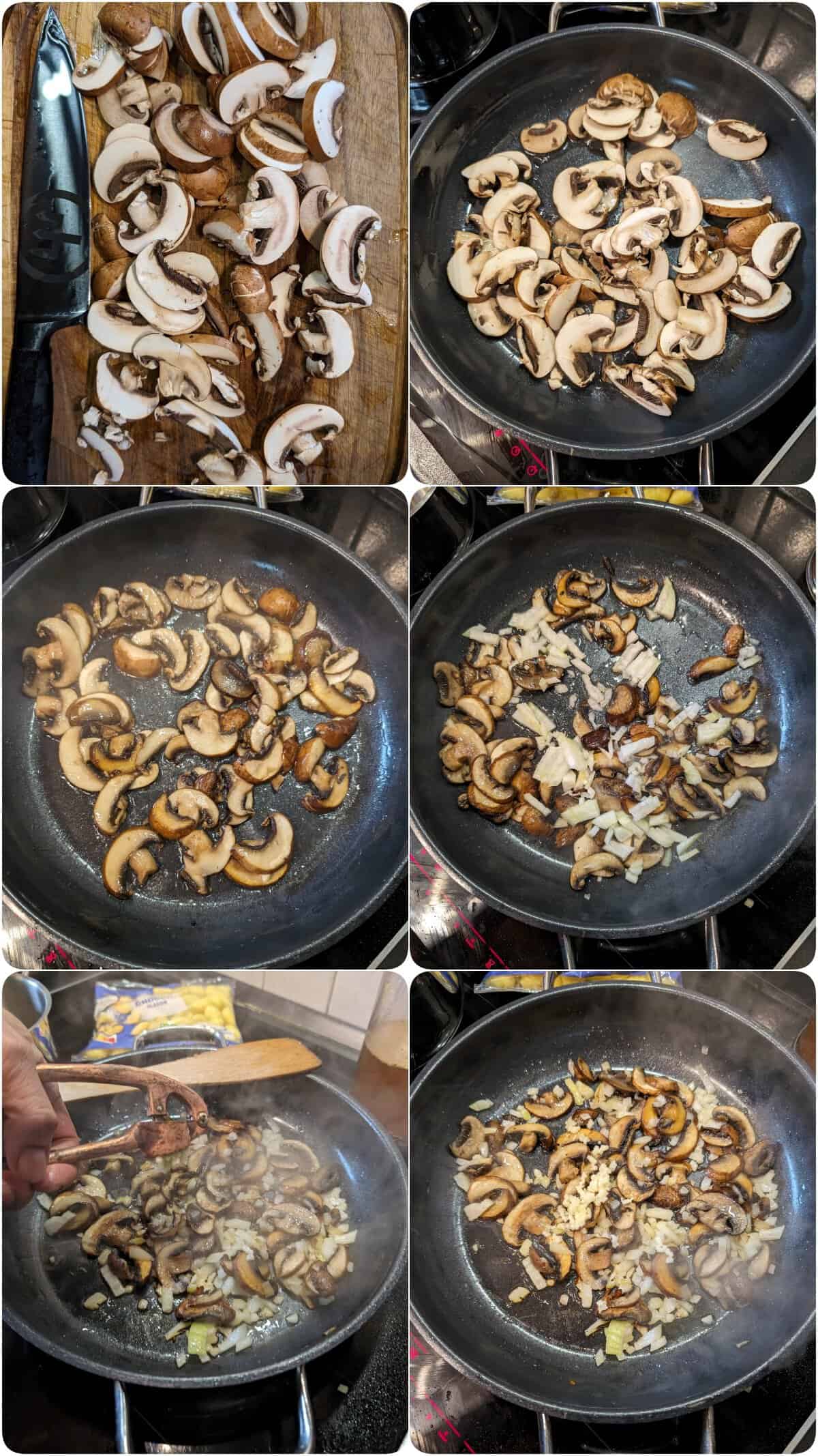 Eine Collage der Zubereitungsschritte für die Gnocchi-Pilz-Pfanne.