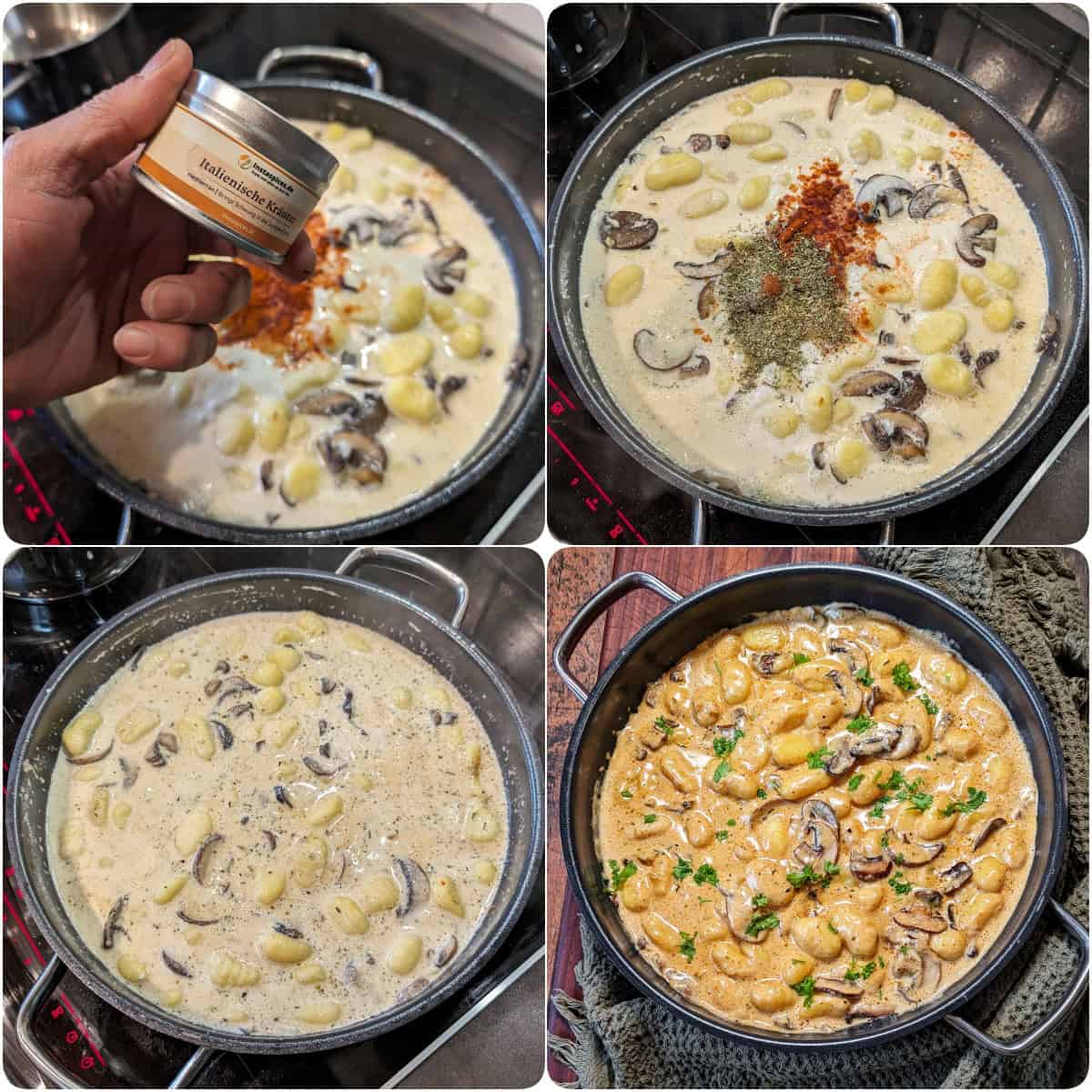 Eine Collage der Zubereitungsschritte für die Gnocchi-Pilz-Pfanne.