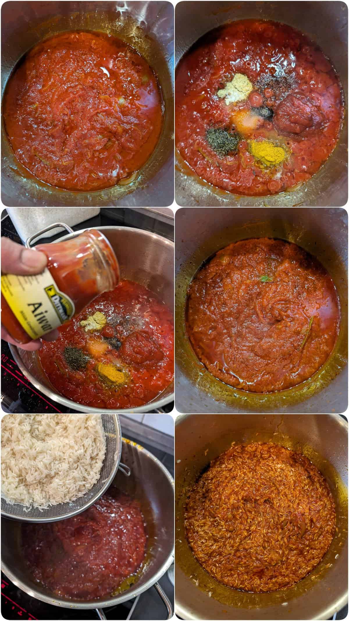 Eine Collage der Zubereitungsschritte für Jollof Reis.