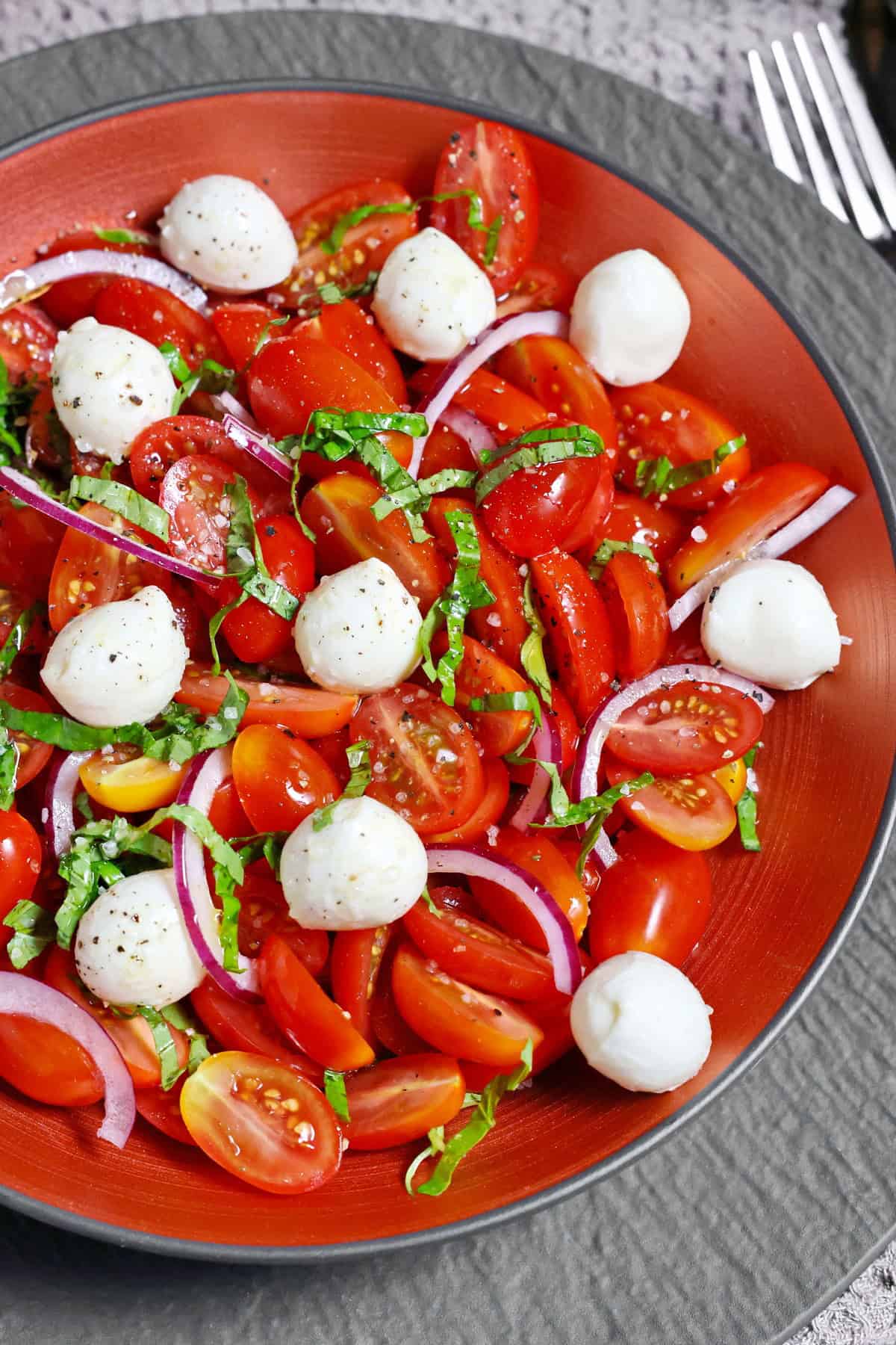 Eine Nahaufnahme von einem Teller mit Tomate-Mozzarella-Salat.