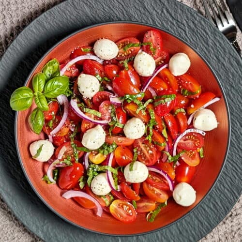 Ein Teller mit Tomate-Mozzarella-Salat.