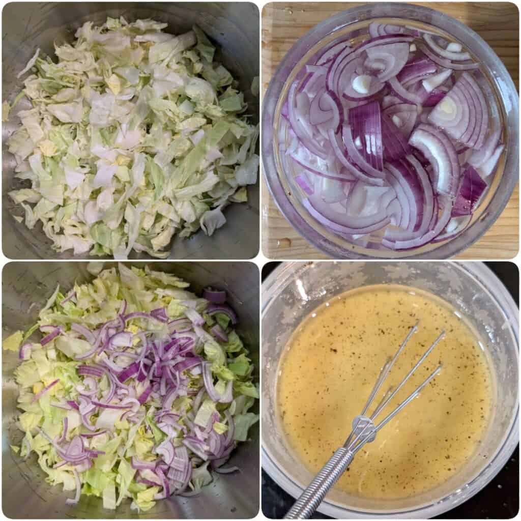 Eine Collage der Zubereitungsschritte für grünen Salat mit Honig-Senf Dressing.