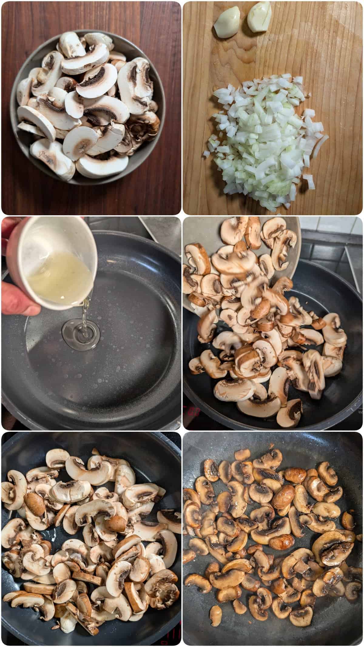 Eine Collage der Zubereitungsschritte für Rahm Champignons.