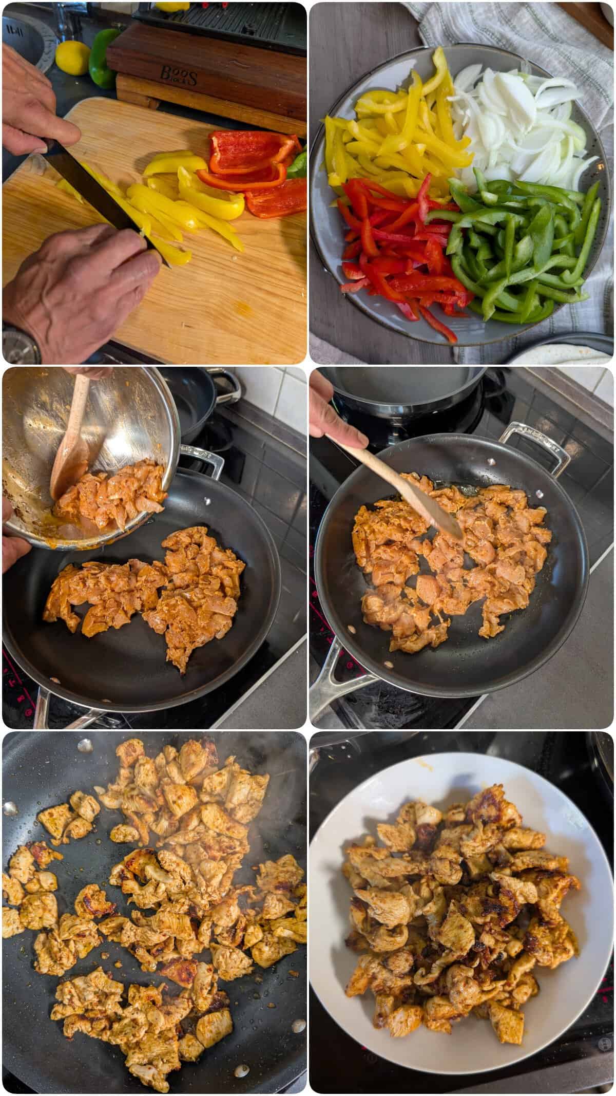 Eine Collage der Zubereitungsschritte für Hähnchen Fajitas.