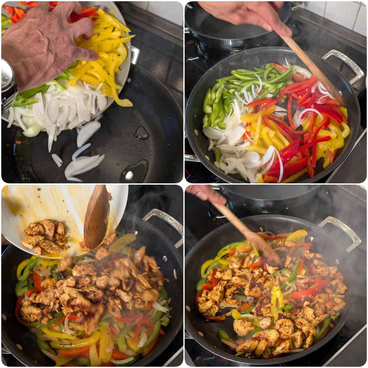 Eine Collage der Zubereitungsschritte für Hähnchen Fajitas.