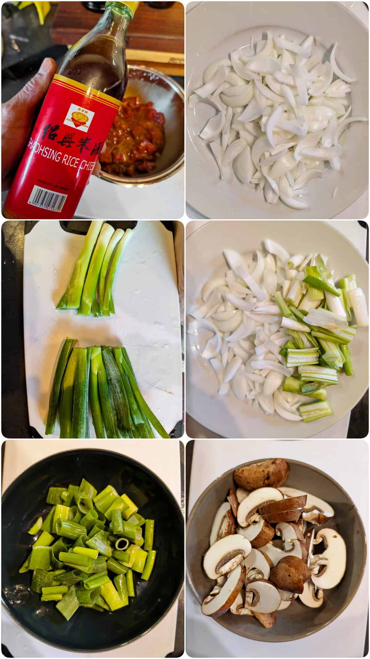 Eine Collage der Zubereitungsschritte für Asia Rindfleisch mit Pilzen.