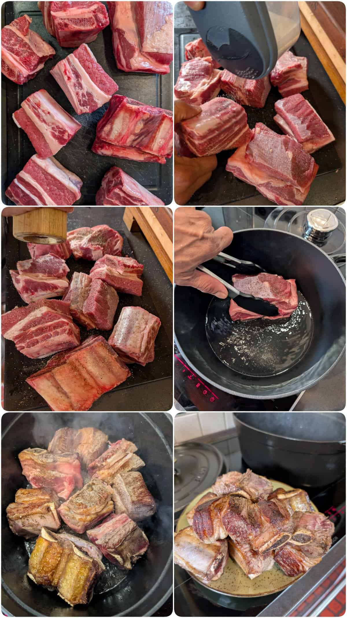 Eine Collage der Zubereitungsschritte für geschmorte Short Ribs in Rotweinsoße.